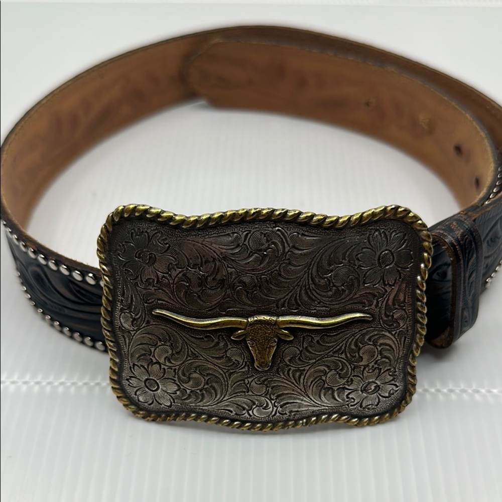 Absolutely Fresh Western Style Leather Belt with Bullhead Buckle, Sz Small